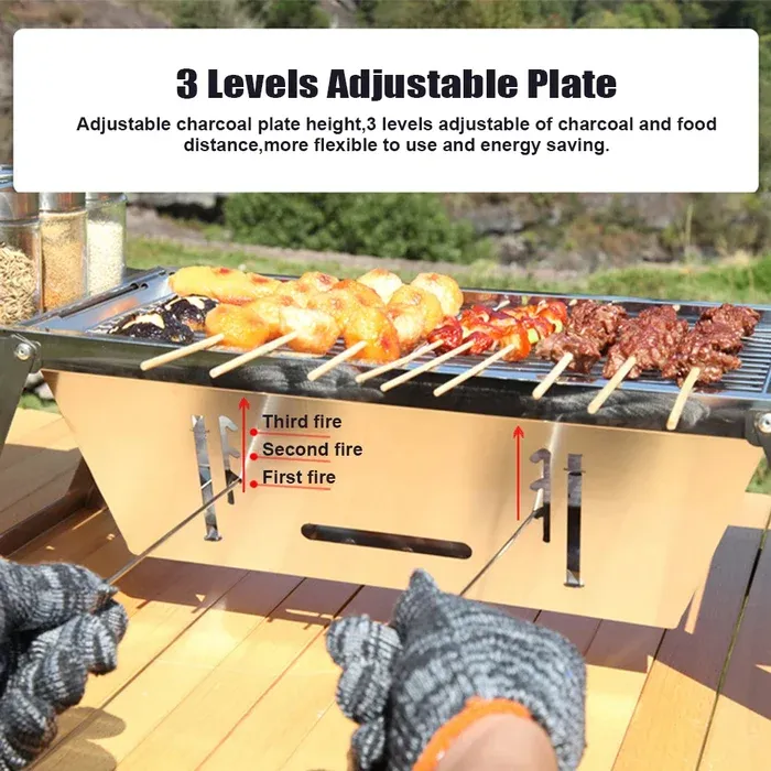 Portable Camping BBQ Grill 3 Hight Adjustable Stainless Steel Folding
