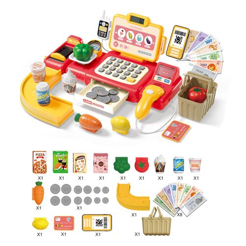 A cartoon-style cash register toy with computer functions, featuring mobile phone and cash payment modes, which simulates a supermarket cash register game