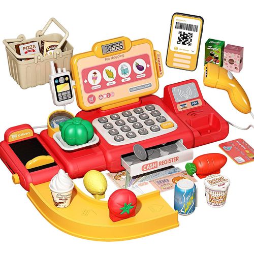 A cartoon-style cash register toy with computer functions, featuring mobile phone and cash payment modes, which simulates a supermarket cash register game