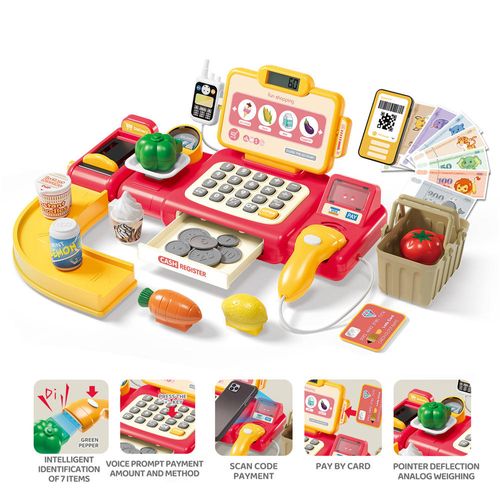 A cartoon-style cash register toy with computer functions, featuring mobile phone and cash payment modes, which simulates a supermarket cash register game