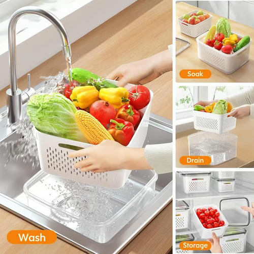 💖Household transparent plastic food storage box-Including drain basket💧