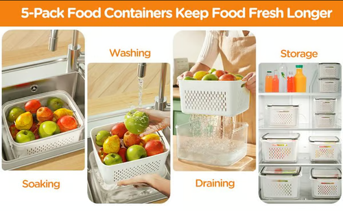 💖Household transparent plastic food storage box-Including drain basket💧