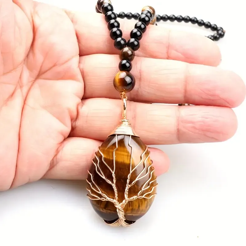 Bohemian Style Natural Tiger's Eye Stone Tree of Life Pendant Necklace for Men and Women – Handcrafted Beaded Jewelry with Oval Amber Stone and Golden Accents, Black and Brownish-Orange Design