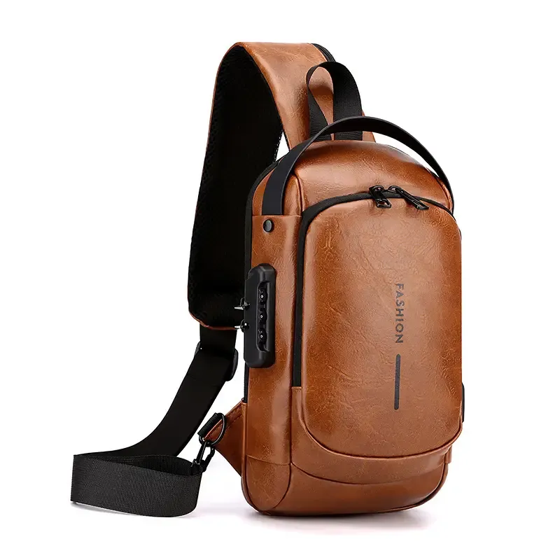 Men's stylish durable PU crossbody bag with security password lock Adjustable shoulder straps for travel, sports, daily commuting