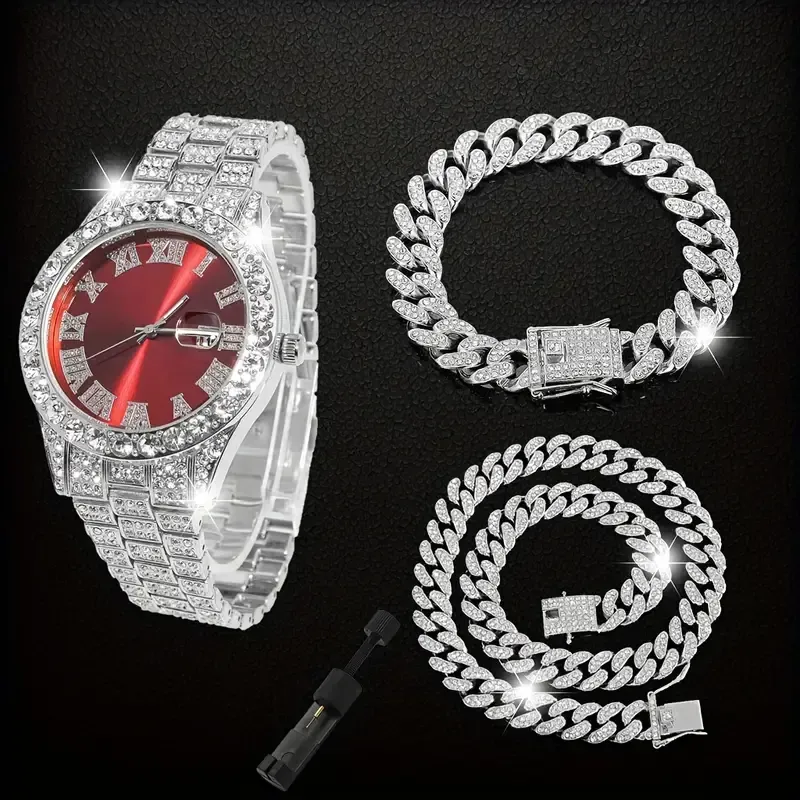 Men's Hip Hop Quartz Watch Set with Date Feature, Electronic Drive, Alloy Case & Band, Street Style, Pointer Display, Includes Cuban Link Chain Necklace & Adjustable Strap Accessory - 4 Piece Jewelry Ensemble 5 sales