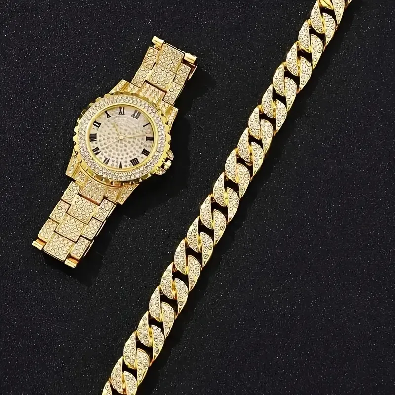 2pcs set Luxury Stainless Steel Men's Rhinestone Quartz Watch  Bracelet  Equipped With Durable Alloy Case, Precise Quartz Movement, Roman Numeral Circular Dial, and Fashionable Gift