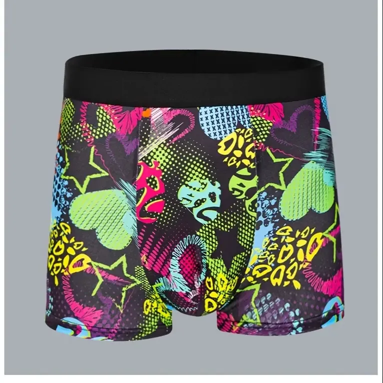 10-Pack Men'S Boxer Briefs, Assorted Trendy Graffiti Prints, Casual Geometric Pattern Underwear, High Stretch Polyester Knit Fabric, 95% Polyester 5% Elastane Shortie Panties
