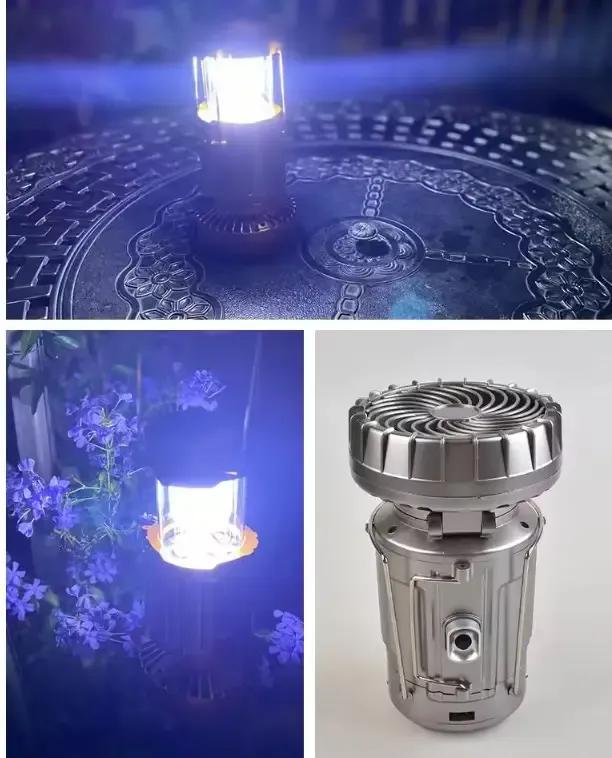 Multifunctional camping light with LED bulb and fan for hiking and outdoor activitiesWaterproof solar portable USB charging plastic fan charging camping light