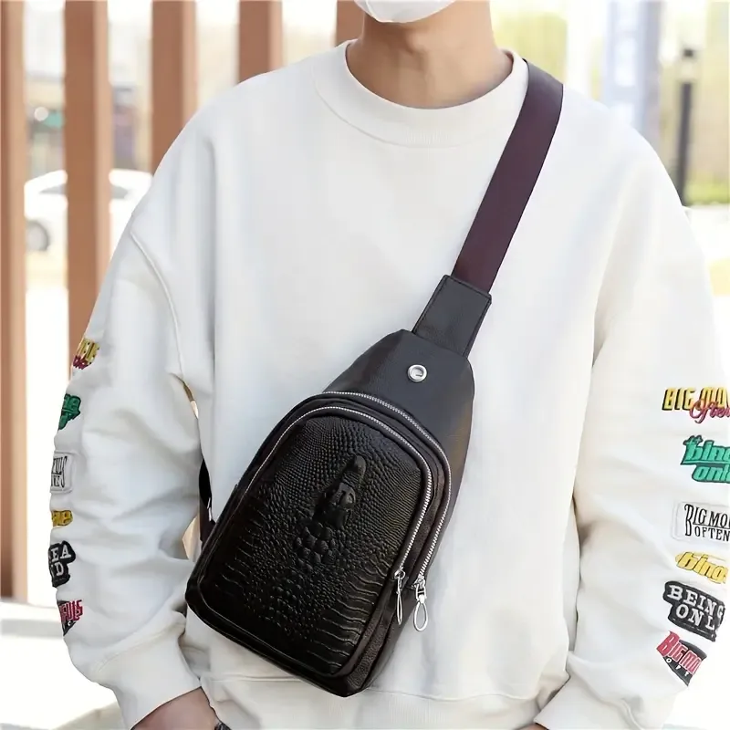 Men's chest bag, leather shoulder bag, crossbody bag, men's crocodile pattern waterproof outdoor travel shoulder bag