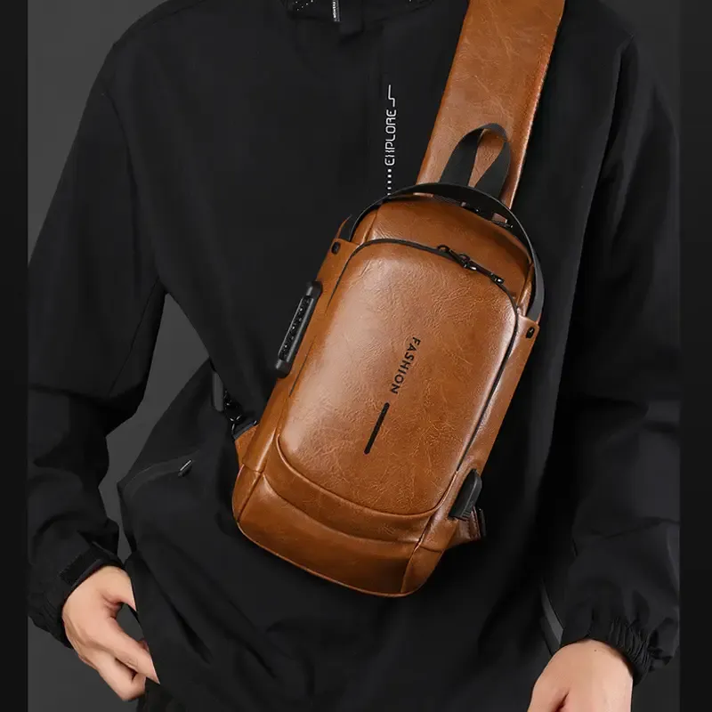 Men's stylish durable PU crossbody bag with security password lock Adjustable shoulder straps for travel, sports, daily commuting