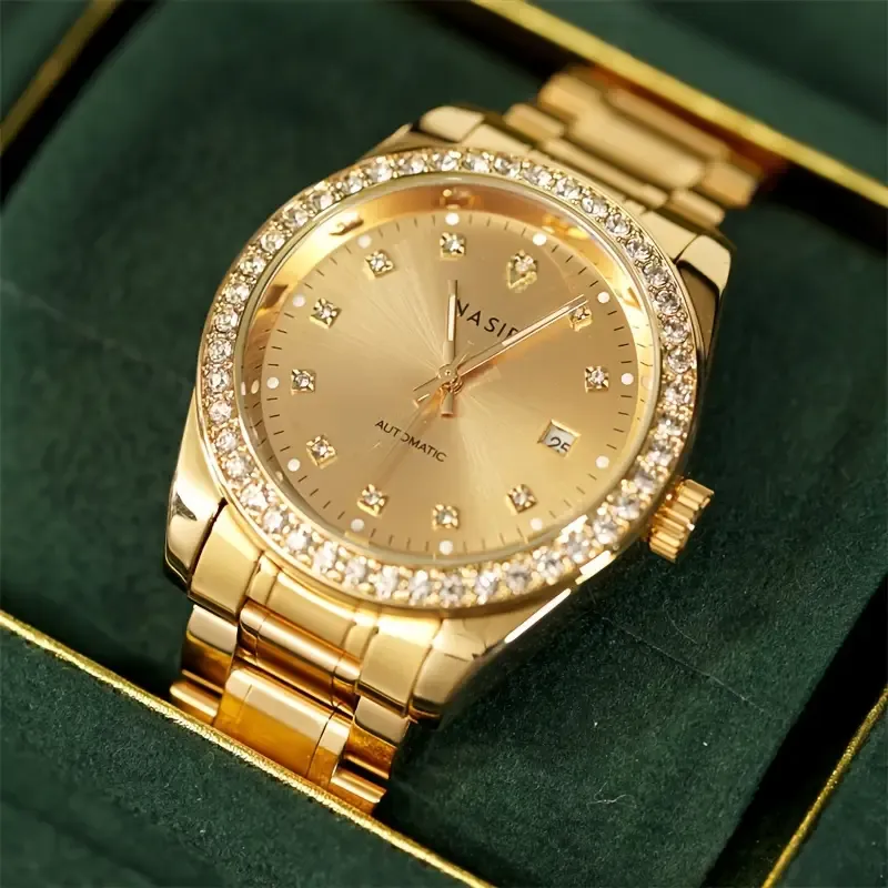 The New Automatic Mechanical Watch For Men, With Multiple Functions, Is A Stylish Business Brand Genuine Mechanical Watch For Men, Golden In Color.