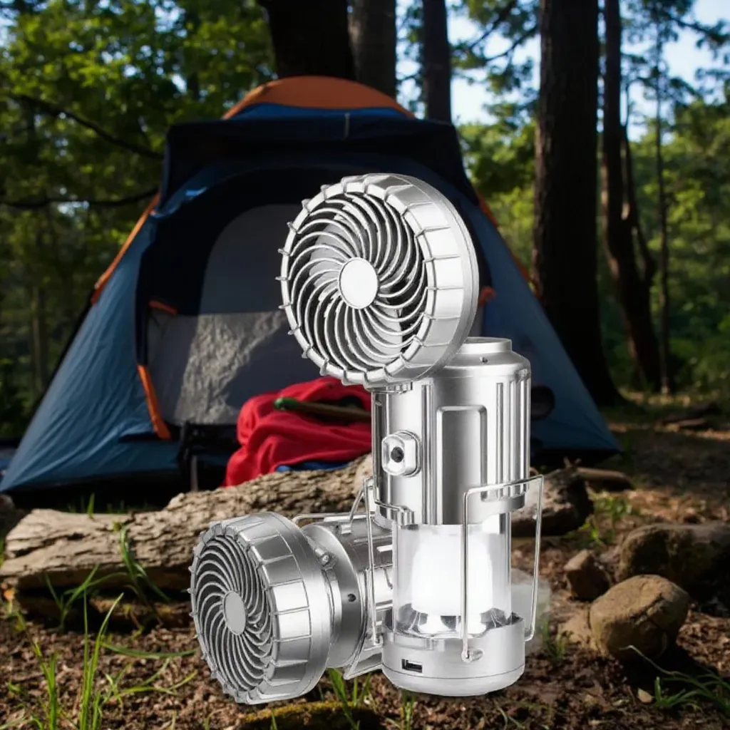 Multifunctional camping light with LED bulb and fan for hiking and outdoor activitiesWaterproof solar portable USB charging plastic fan charging camping light
