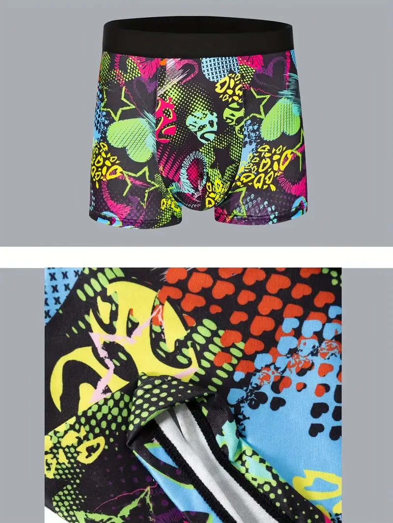 10-Pack Men'S Boxer Briefs, Assorted Trendy Graffiti Prints, Casual Geometric Pattern Underwear, High Stretch Polyester Knit Fabric, 95% Polyester 5% Elastane Shortie Panties