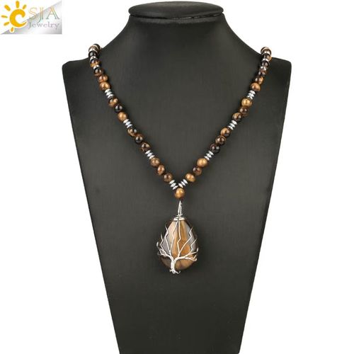 Bohemian Style Natural Tiger's Eye Stone Tree of Life Pendant Necklace for Men and Women – Handcrafted Beaded Jewelry with Oval Amber Stone and Golden Accents, Black and Brownish-Orange Design