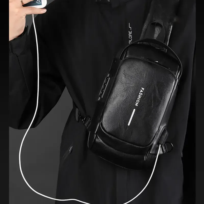 Men's stylish durable PU crossbody bag with security password lock Adjustable shoulder straps for travel, sports, daily commuting