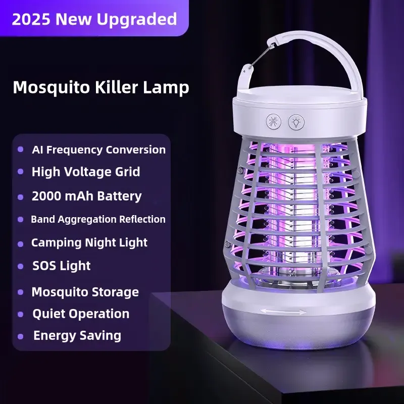 Three-in-one indoor and outdoor insect extermination device, rechargeable wireless mosquito light source, 2000 mAh fly catcher, outdoor adventure, garden, courtyard, camping electronic insect catcher