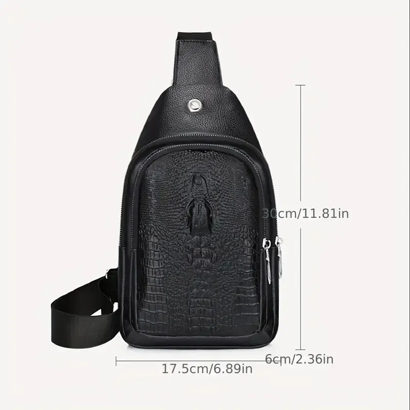 Men's chest bag, leather shoulder bag, crossbody bag, men's crocodile pattern waterproof outdoor travel shoulder bag