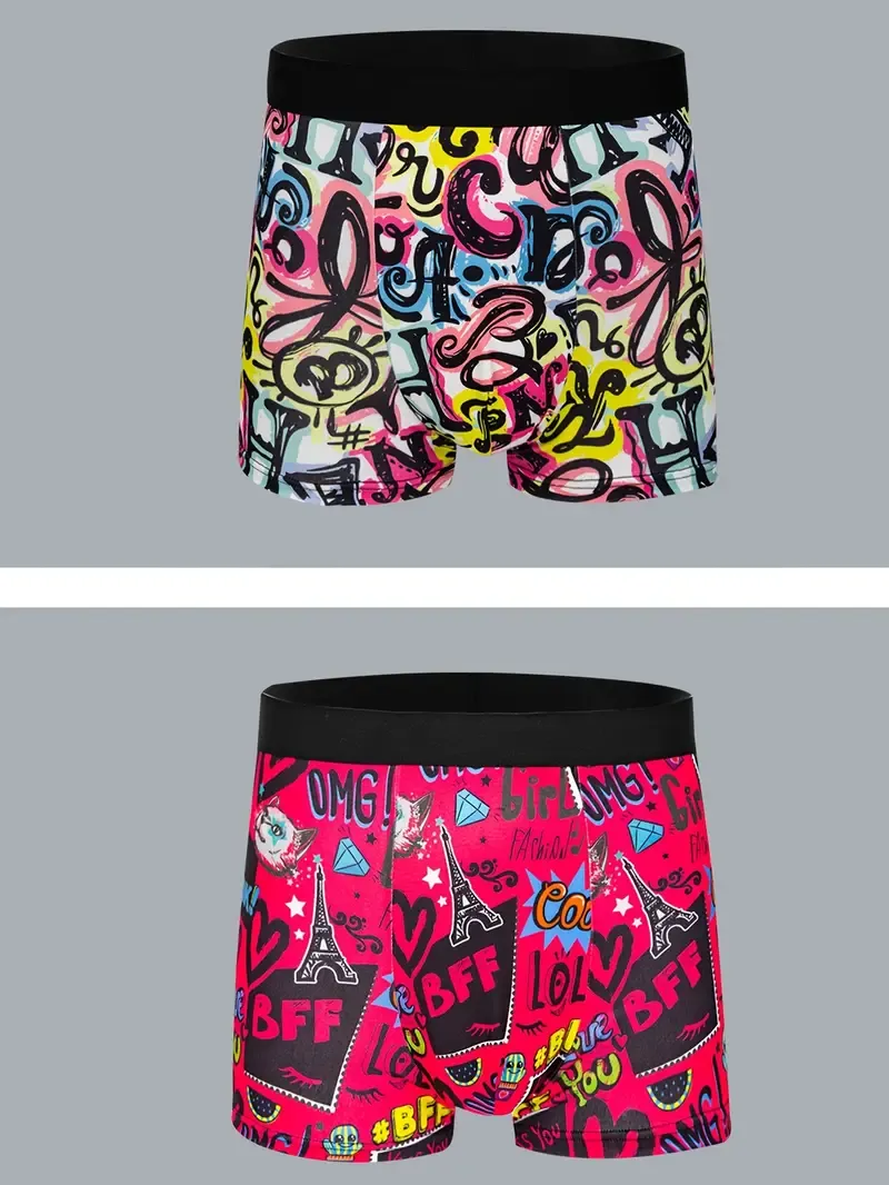 10-Pack Men'S Boxer Briefs, Assorted Trendy Graffiti Prints, Casual Geometric Pattern Underwear, High Stretch Polyester Knit Fabric, 95% Polyester 5% Elastane Shortie Panties