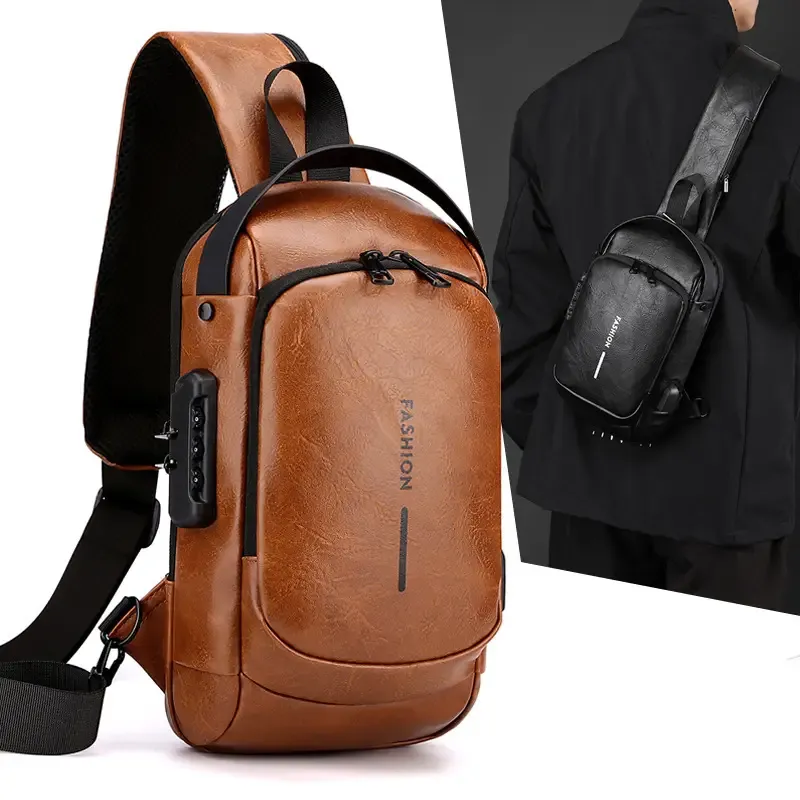 Men's stylish durable PU crossbody bag with security password lock Adjustable shoulder straps for travel, sports, daily commuting