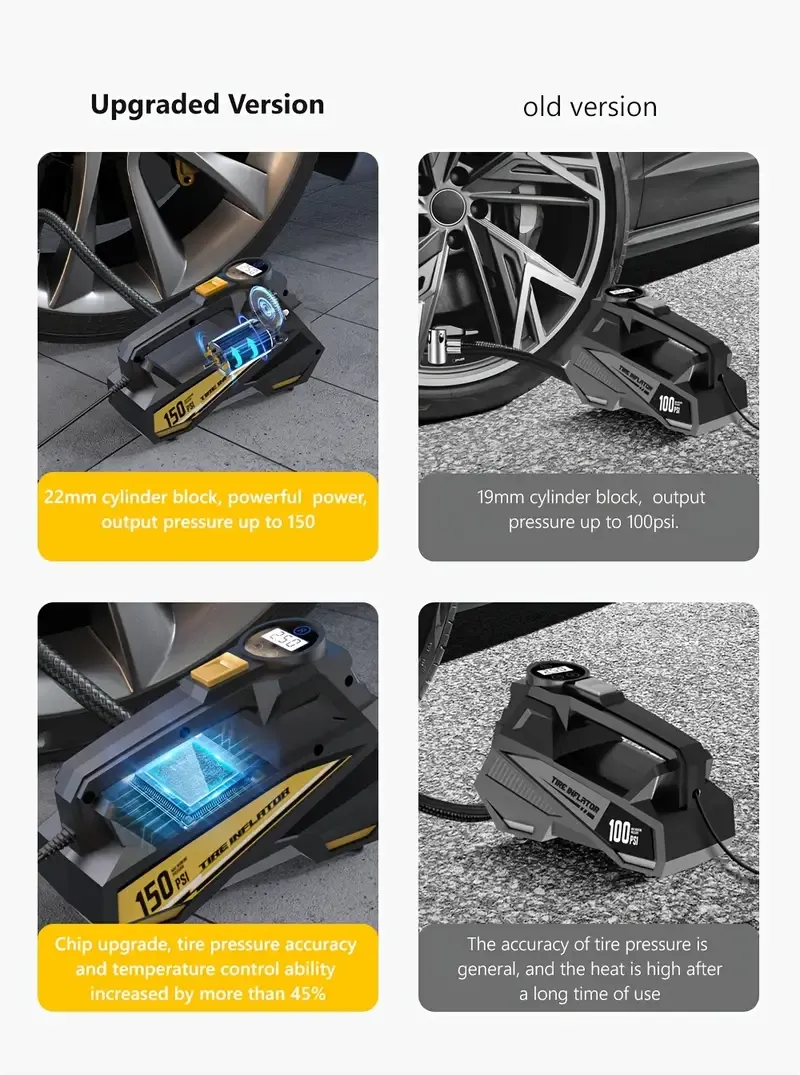 Digital Tire Inflator, Portable Air Compressor Pump with LED Light for Cars, Motorcycles, Bicycles - DC 12V, 150 PSI, Black & Yellow Design, Plug-In Power Supply, No Battery Required, Bicycle Tire Inflator | Sleek Portable Design | Digital Display, High-Pressure Inflator