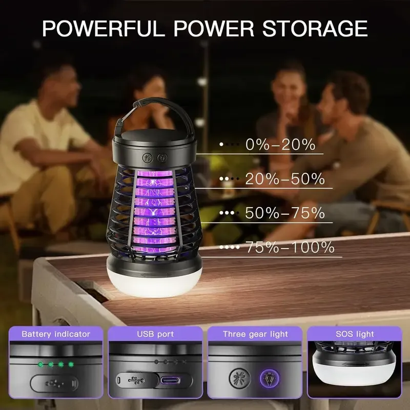 Three-in-one indoor and outdoor insect extermination device, rechargeable wireless mosquito light source, 2000 mAh fly catcher, outdoor adventure, garden, courtyard, camping electronic insect catcher