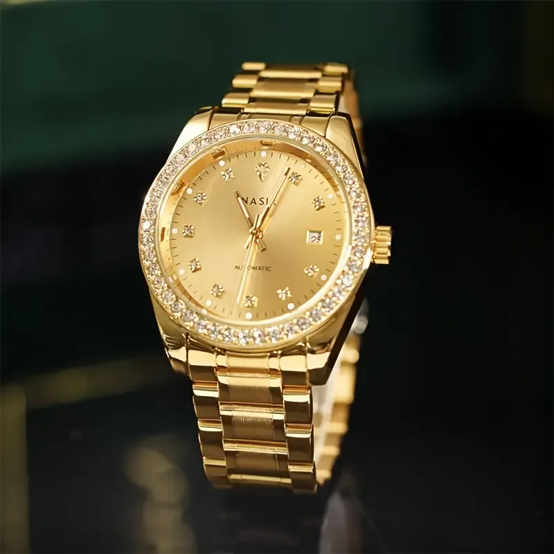 The New Automatic Mechanical Watch For Men, With Multiple Functions, Is A Stylish Business Brand Genuine Mechanical Watch For Men, Golden In Color.
