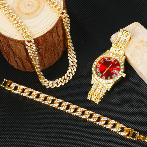 Men's hip-hop quartz watch set with date function, electronic drive, alloy case and strap, street style, hand display, including Cuban bracelet, necklace and gold hip-hop watch - limited-time discount on 3-piece watch set, hurry up and grab it