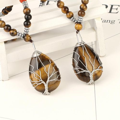 Bohemian Style Natural Tiger's Eye Stone Tree of Life Pendant Necklace for Men and Women – Handcrafted Beaded Jewelry with Oval Amber Stone and Golden Accents, Black and Brownish-Orange Design