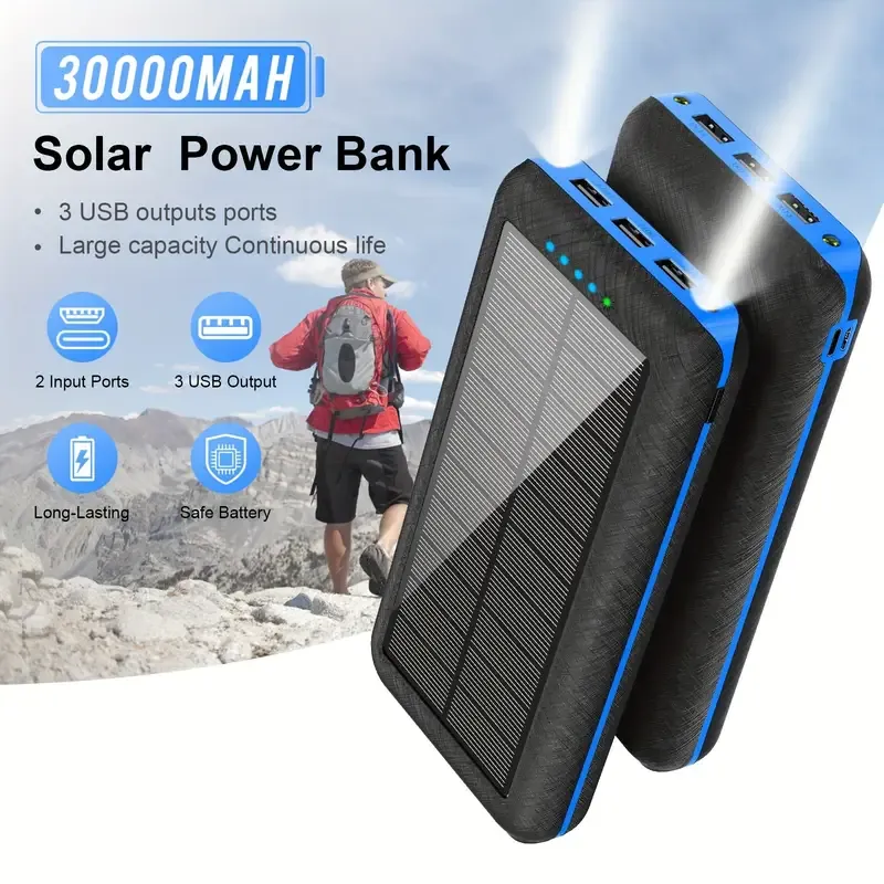 Solar power bank 10000mAh portable mobile power supply, with LED smart display, outdoor emergency power reserve, large-capacity mobile power supply, two-way fast charging, can charge multiple devices at the same time,