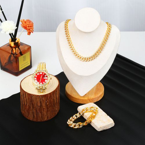 Men's hip-hop quartz watch set with date function, electronic drive, alloy case and strap, street style, hand display, including Cuban bracelet, necklace and gold hip-hop watch - limited-time discount on 3-piece watch set, hurry up and grab it