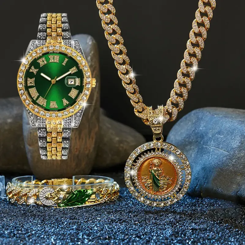 Fashion Watch Set St. Jude Rotating Coin Pendant & Bracelet&Watch Set - 3pcs Iced-Out Rhinestone Fashion Jewelry for Men and Women