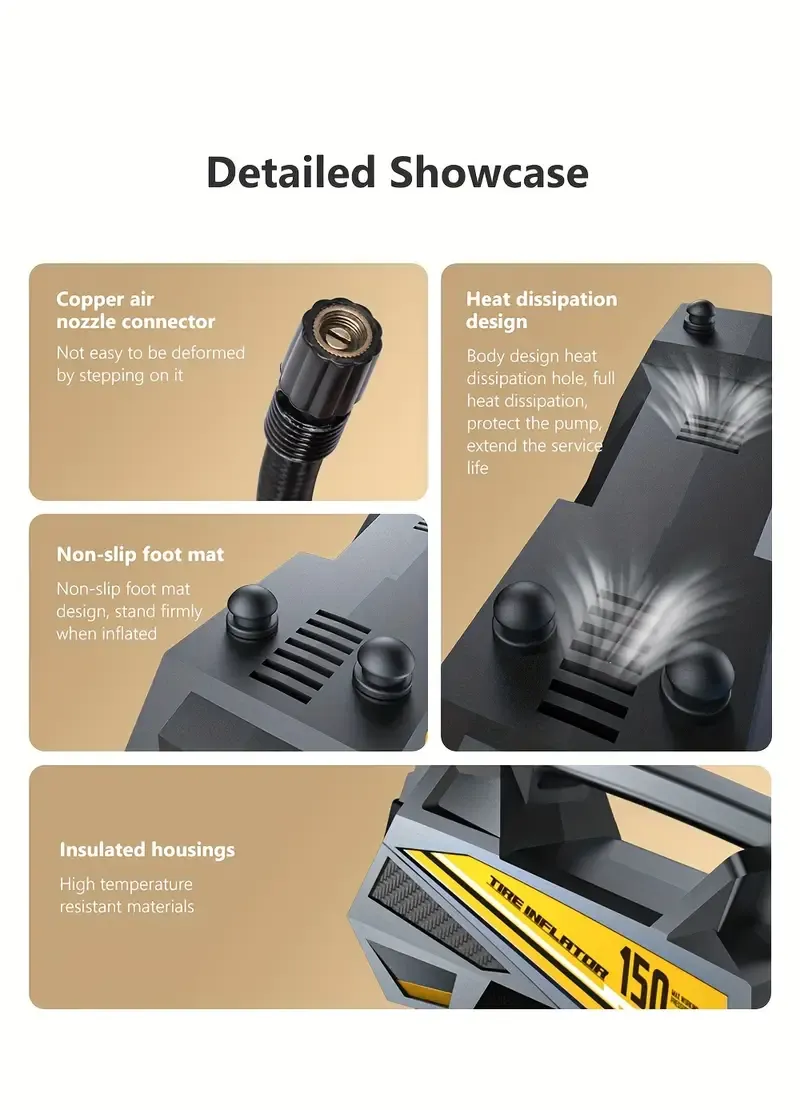 Digital Tire Inflator, Portable Air Compressor Pump with LED Light for Cars, Motorcycles, Bicycles - DC 12V, 150 PSI, Black & Yellow Design, Plug-In Power Supply, No Battery Required, Bicycle Tire Inflator | Sleek Portable Design | Digital Display, High-Pressure Inflator