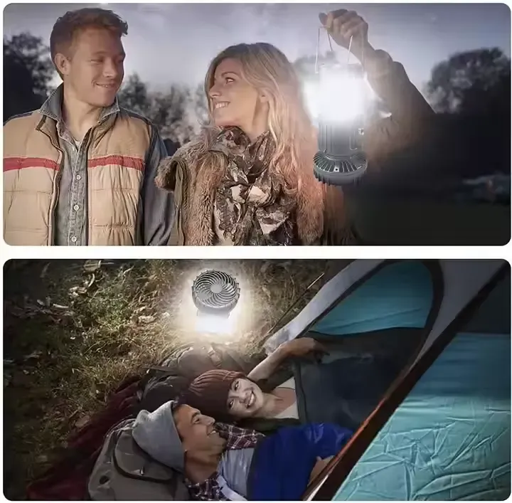 Multifunctional camping light with LED bulb and fan for hiking and outdoor activitiesWaterproof solar portable USB charging plastic fan charging camping light