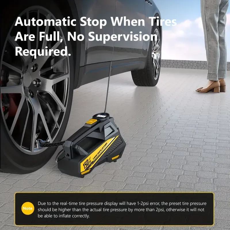 Digital Tire Inflator, Portable Air Compressor Pump with LED Light for Cars, Motorcycles, Bicycles - DC 12V, 150 PSI, Black & Yellow Design, Plug-In Power Supply, No Battery Required, Bicycle Tire Inflator | Sleek Portable Design | Digital Display, High-Pressure Inflator