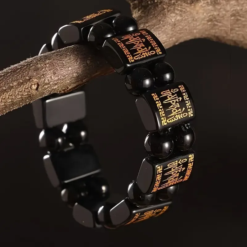 Elegant Natural Black Obsidian Bead Bracelet with Six True Words Mantra - Casual Style, Attract Wealth, Handmade, Non-Magnetic, Wealth Bringing Bracelet|Mystical Aesthetic|Polished Finish