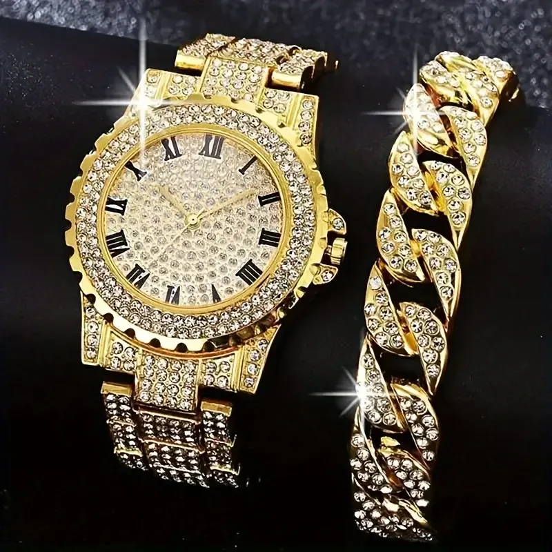 2pcs set Luxury Stainless Steel Men's Rhinestone Quartz Watch  Bracelet  Equipped With Durable Alloy Case, Precise Quartz Movement, Roman Numeral Circular Dial, and Fashionable Gift