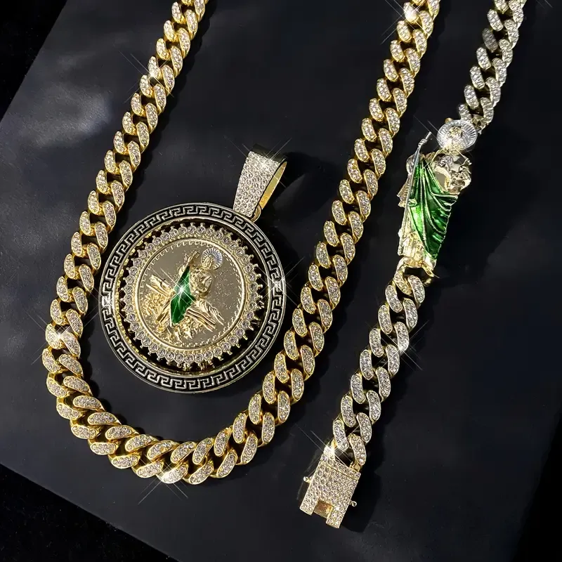 Fashion Watch Set St. Jude Rotating Coin Pendant & Bracelet&Watch Set - 3pcs Iced-Out Rhinestone Fashion Jewelry for Men and Women