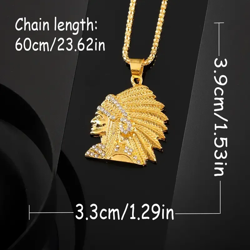 A men's retro creative portrait pendant necklace - with a golden metal strap and exquisite feather and beaded design, it is suitable for both casual and formal occasions. It is a unique holiday gift with a modern contrast style and fine craftsmanship