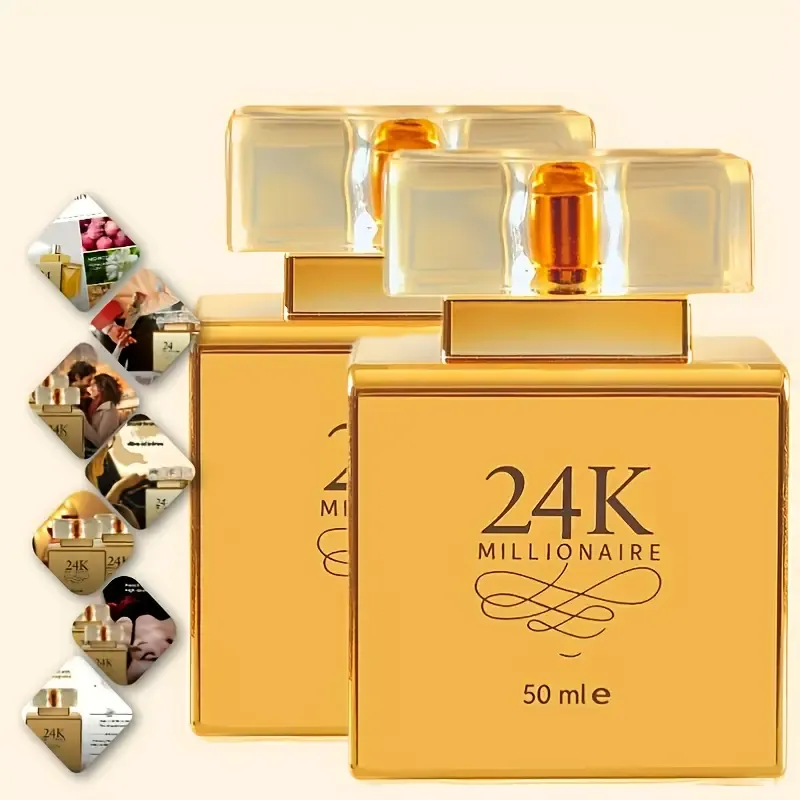 2 bottles 1.69 oz (50 ml), 24K fantastic golden look, suitable for men and women, fruit and floral lightweight perfume, sustainable release of charming scents, suitable for dates, parties, business parties, outdoors, Christmas gifts