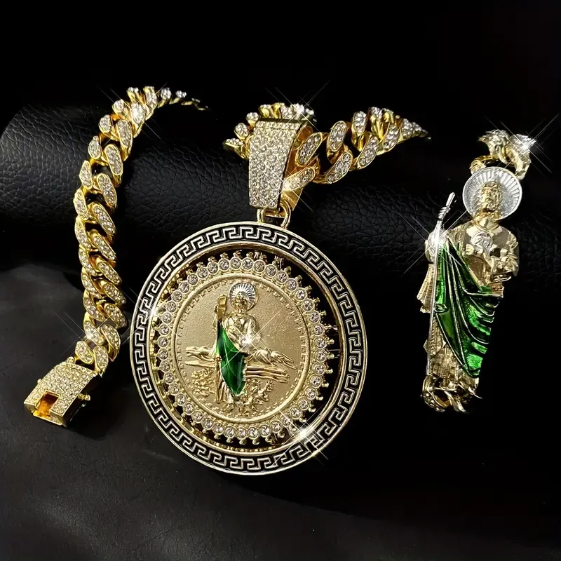 Fashion Watch Set St. Jude Rotating Coin Pendant & Bracelet&Watch Set - 3pcs Iced-Out Rhinestone Fashion Jewelry for Men and Women