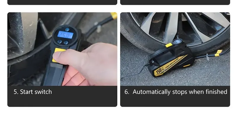 Digital Tire Inflator, Portable Air Compressor Pump with LED Light for Cars, Motorcycles, Bicycles - DC 12V, 150 PSI, Black & Yellow Design, Plug-In Power Supply, No Battery Required, Bicycle Tire Inflator | Sleek Portable Design | Digital Display, High-Pressure Inflator