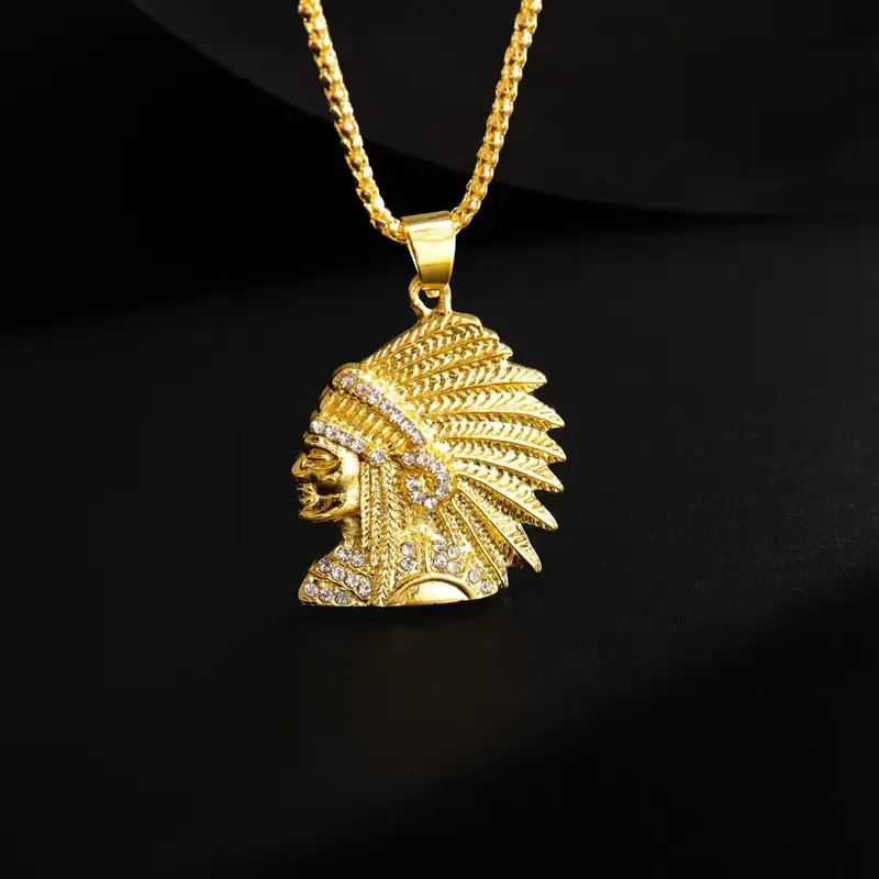 A men's retro creative portrait pendant necklace - with a golden metal strap and exquisite feather and beaded design, it is suitable for both casual and formal occasions. It is a unique holiday gift with a modern contrast style and fine craftsmanship