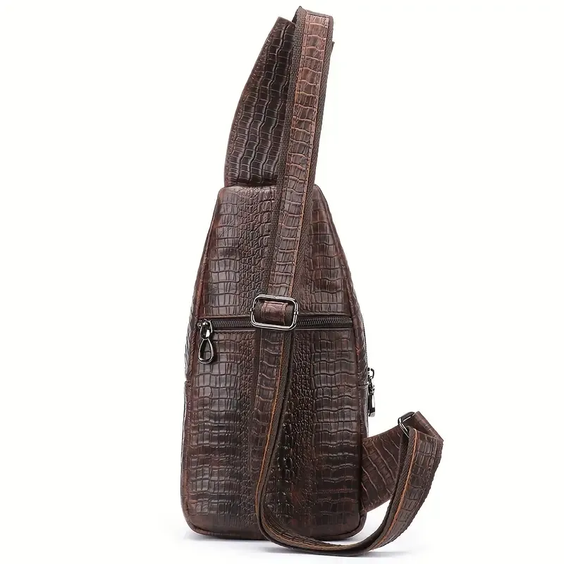 Men'S Vintage-Style Genuine Leather Chest Bag with Crocodile Pattern, Adjustable Strap, Zipper Closure, and Multiple Pockets for Daily Commute, Travel Crossbody Bag|Rugged Design|Enclosed Compartment
