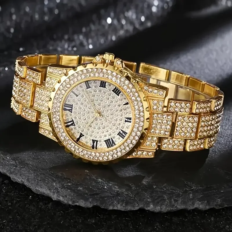 2pcs set Luxury Stainless Steel Men's Rhinestone Quartz Watch  Bracelet  Equipped With Durable Alloy Case, Precise Quartz Movement, Roman Numeral Circular Dial, and Fashionable Gift