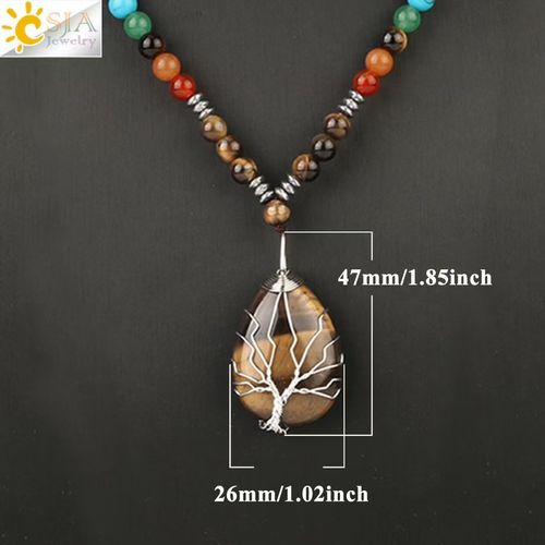 Bohemian Style Natural Tiger's Eye Stone Tree of Life Pendant Necklace for Men and Women – Handcrafted Beaded Jewelry with Oval Amber Stone and Golden Accents, Black and Brownish-Orange Design