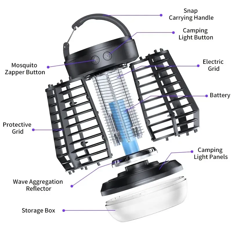 Three-in-one indoor and outdoor insect extermination device, rechargeable wireless mosquito light source, 2000 mAh fly catcher, outdoor adventure, garden, courtyard, camping electronic insect catcher