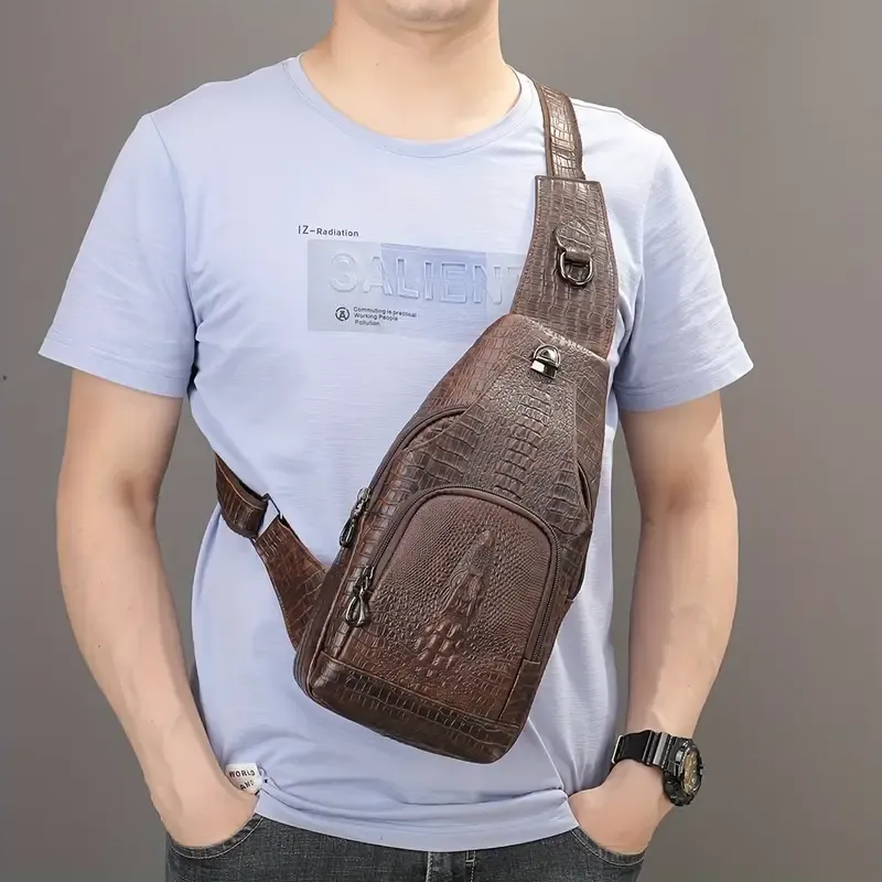 Men'S Vintage-Style Genuine Leather Chest Bag with Crocodile Pattern, Adjustable Strap, Zipper Closure, and Multiple Pockets for Daily Commute, Travel Crossbody Bag|Rugged Design|Enclosed Compartment