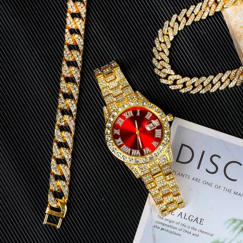 Men's hip-hop quartz watch set with date function, electronic drive, alloy case and strap, street style, hand display, including Cuban bracelet, necklace and gold hip-hop watch - limited-time discount on 3-piece watch set, hurry up and grab it