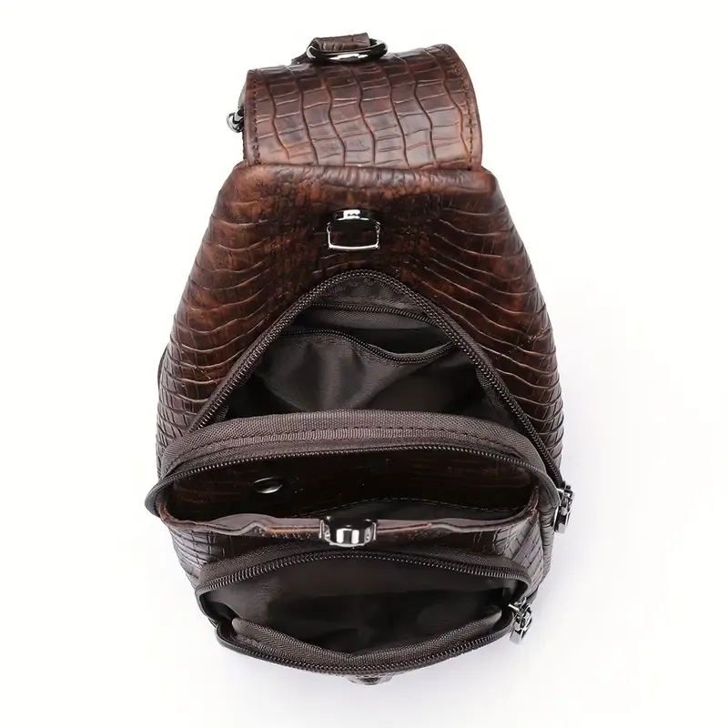 Men'S Vintage-Style Genuine Leather Chest Bag with Crocodile Pattern, Adjustable Strap, Zipper Closure, and Multiple Pockets for Daily Commute, Travel Crossbody Bag|Rugged Design|Enclosed Compartment
