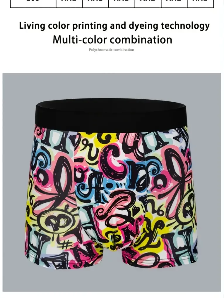 10-Pack Men'S Boxer Briefs, Assorted Trendy Graffiti Prints, Casual Geometric Pattern Underwear, High Stretch Polyester Knit Fabric, 95% Polyester 5% Elastane Shortie Panties